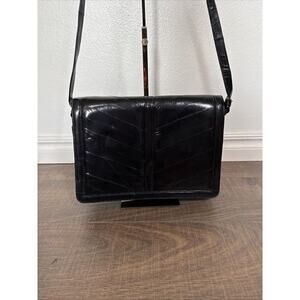 Vintage Eel Skin Clutch Handbag‎ Black Leather Purse Korea With Strap